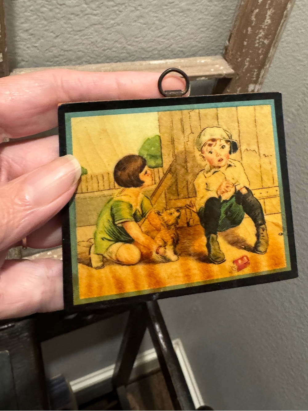 VTG Wood Block Hanging Art Boy Girl Dog Playing Outside